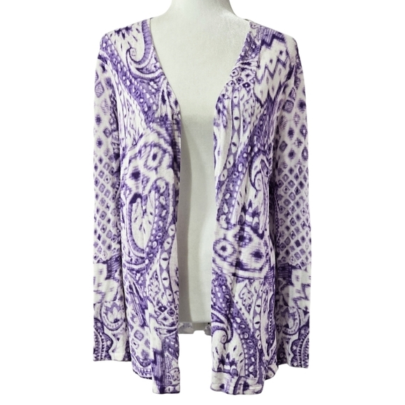 Chico's Purple White Paisley Open Front Lightweight Longline Cardigan Boho - Picture 1 of 7